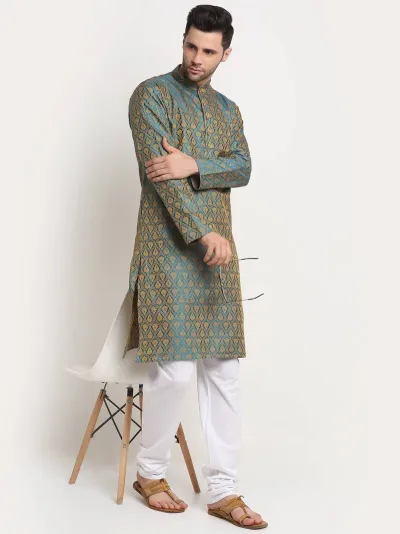 Green Silk Blend Jacquard Kurta